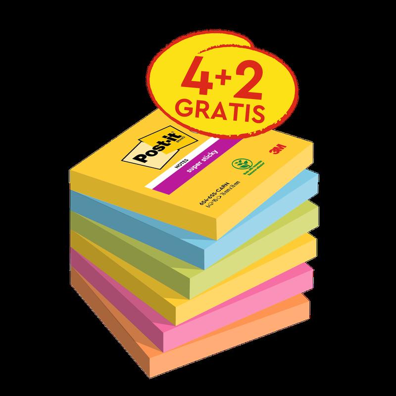 Post-it® Super Sticky Notes, Carnival Collection, 76 mm x 76 mm, Promotie, 90 vellen/blok, 4 blokken + 2 gratis/pak, 100% PEFC, SGSCH-PEFC-COC-110078 | Pak (6 stuks)