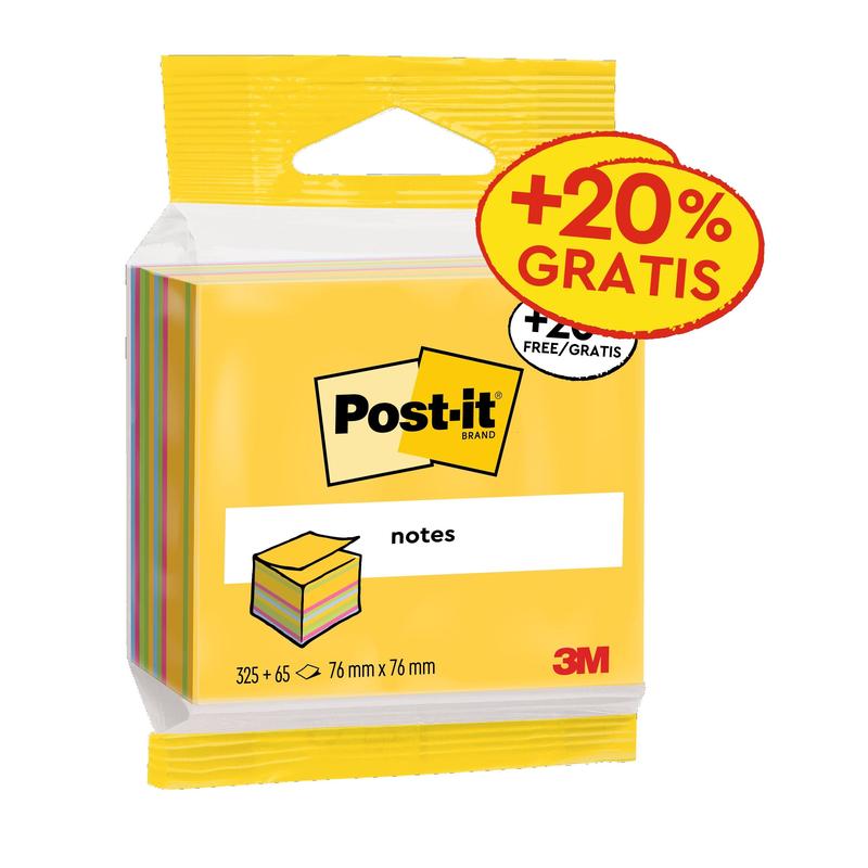 Post-it® Notes-kubussen, Ultra Colors, 76 mm x 76 mm, 20% gratis promotie, 390 vellen/blok, 1 blok/pak, 100% PEFC, SGSCH-PEFC-COC-110078 | Pakket (1 set)