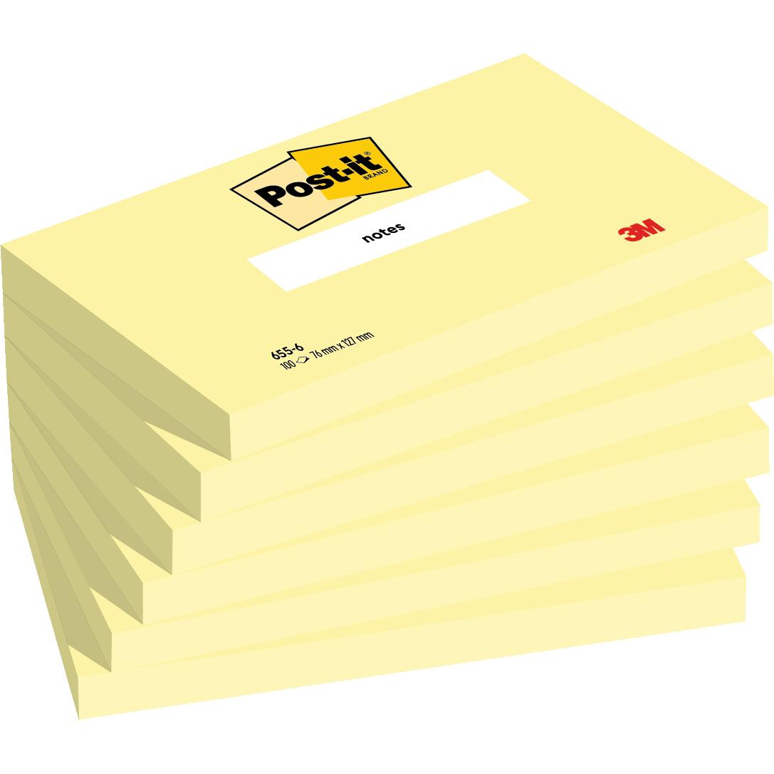 Post-it® Notes, kanariegeel, 76 mm x 127 mm, 100 vellen/blok, 6 blokken/pak, 100% PEFC, SGSCH-PEFC-COC-110078 | Pak (6 stuks)