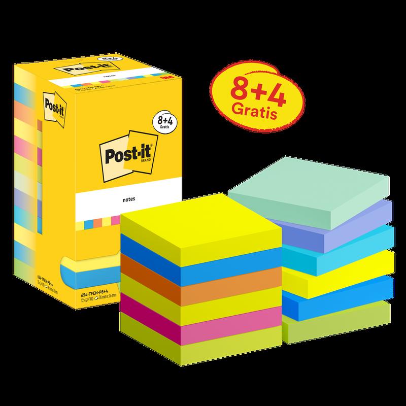 Post-it® Notes, Energetic Collection, 76 mm x 76 mm, Promotie, 90 vellen/blok, 8 blokken + 4 gratis/pak, Kartonnen verpakking, 100% PEFC, SGSCH-PEFC-COC-110078 | Pak (12 stuks)