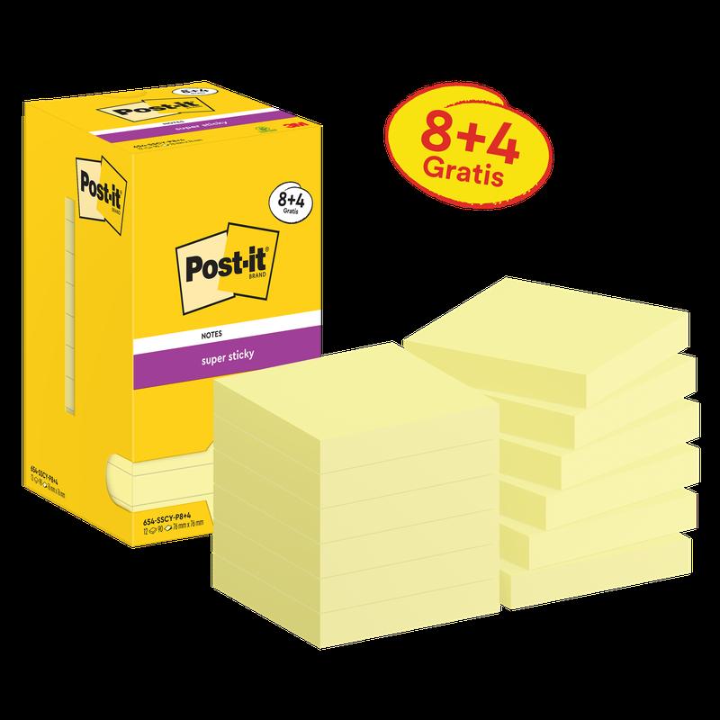 Post-it® Super Sticky Notes, Geel, 76 mm x 76 mm, Promotie, 90 vellen/blok, 8 blokken + 4 gratis/pak, Kartonnen verpakking, 100% PEFC, SGSCH-PEFC-COC-110078 | Pak (12 stuks)