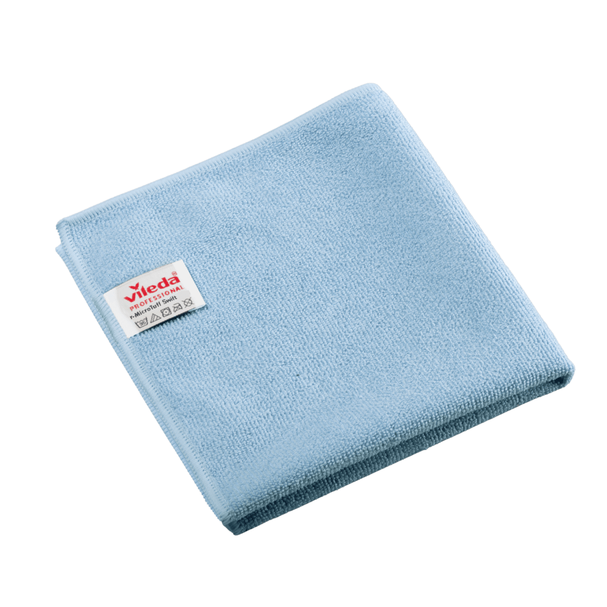 Een gevouwen blauwe Vileda Professional r-MicroTuff Swift microvezeldoek met een ingenaaid wit etiket waarop de merknaam en onderhoudssymbolen staan vermeld.
