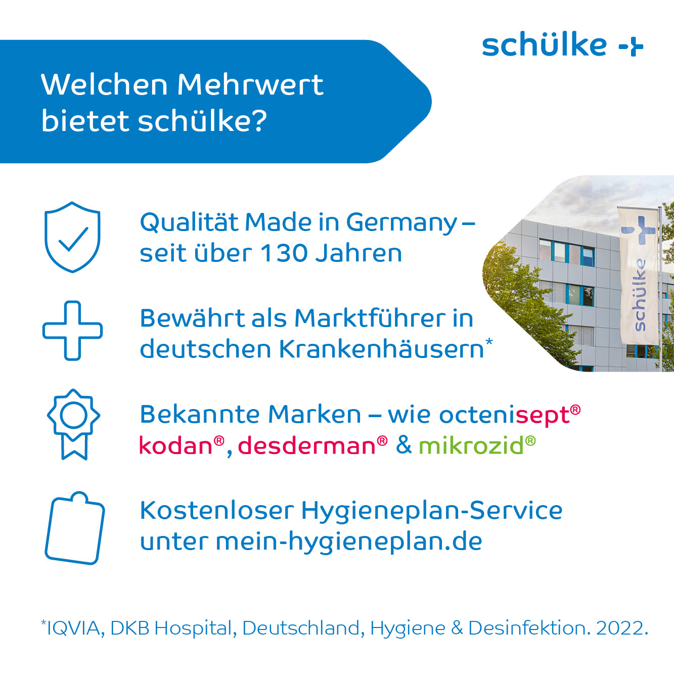 De afbeelding is een advertentie voor Schülke & Mayr GmbH en benadrukt hun jarenlange aanwezigheid in de branche met meer dan 130 jaar ervaring. Het vermeldt bekende merken zoals octenisept, kodan, desderman en mikrozid. Schülke & Mayr GmbH biedt ook Schülke Mikrozid® universal wipes desinfectiedoekjes premium en een gratis hygiëneplanservice aan.