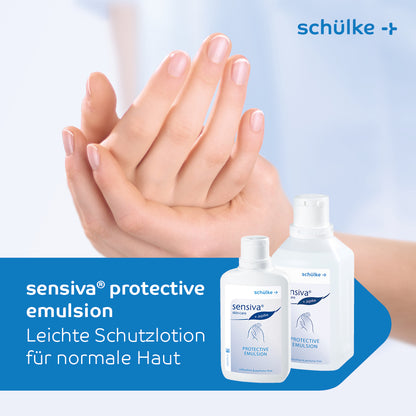 Een close-up van de handen van een persoon die lotion aanbrengt. Onderaan zijn twee flessen 'Schülke sensiva® beschermende emulsie' te zien met het logo van Schülke & Mayr GmbH. De tekst luidt: 'Schülke sensiva® beschermende emulsie met jojoba-olie, lichte parfumvrije beschermingslotion voor normale huid'.