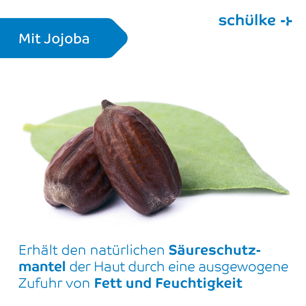 Twee jojobazaden rusten op een groen blad tegen een witte achtergrond. De afbeelding bevat Duitse tekst die de voordelen van de Schülke sensiva® beschermende emulsie beschrijft voor het behoud van de zuurmantel van de huid met een uitgebalanceerde vet- en vochtvoorziening, vergelijkbaar met de parfumvrije beschermingslotion. De merknaam 'Schülke & Mayr GmbH' verschijnt in blauw.