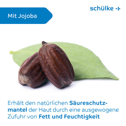 Twee jojobazaden rusten op een groen blad tegen een witte achtergrond. De afbeelding bevat Duitse tekst die de voordelen van de Schülke sensiva® beschermende emulsie beschrijft voor het behoud van de zuurmantel van de huid met een uitgebalanceerde vet- en vochtvoorziening, vergelijkbaar met de parfumvrije beschermingslotion. De merknaam 'Schülke & Mayr GmbH' verschijnt in blauw.