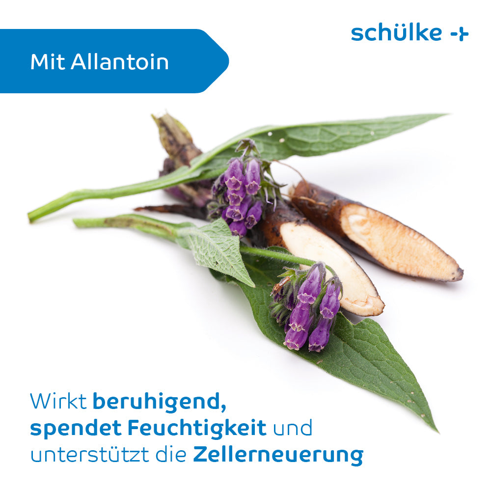 Op een witte achtergrond is een plantensegment met paarse bloemen afgebeeld. De Duitse tekst ernaast beschrijft zijn kalmerende werking, zijn vochtinbrengende eigenschappen en zijn ondersteuning van celvernieuwing. Het product, Schülke Sensiva® waslotion van Schülke & Mayr GmbH, bevat allantoïne, is huidvriendelijk en kleurstof- en parfumvrij.