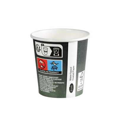 De Duni Urban Koffiebeker PAP/PLA Bedrukt van Duni GmbH is een kleine wegwerpbeker van karton met symbolen en tekst die wijzen op het kunststofgehalte. Hij beschikt over een logo met FSC-certificering, een doodshoofdsymbool en een tekst in verschillende talen die duurzaamheid voor wereldwijd begrip benadrukt.