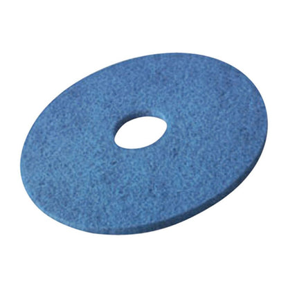 De afbeelding toont een blauwe ronde pad met een gat in het midden, vergelijkbaar met de Vileda Professional DynaCross Superpads vloerschijven van Vileda GmbH. Het is ideaal voor het polijsten van vloeren en heeft een gestructureerd oppervlak dat perfect is voor intensief vloeronderhoud en zorgt voor een effectieve reiniging en verbeterde machinestabiliteit.