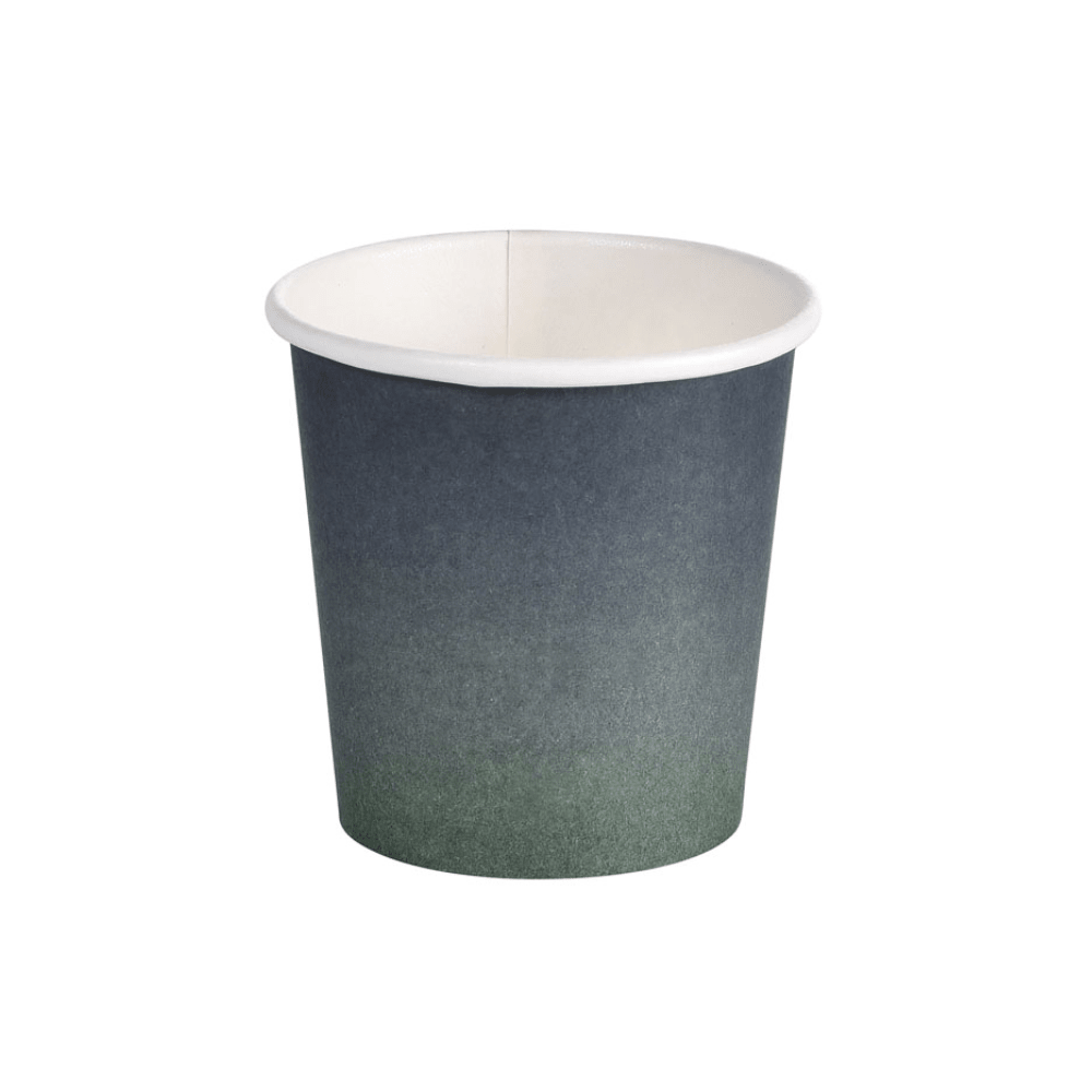 De Duni Urban Koffiebeker PAP/PLA van Duni GmbH is een kleine wegwerpbeker met een kleurverloop van donkerblauw boven naar donkergroen onder. Hij heeft een gladde, cilindrische vorm en een witte binnenkant.