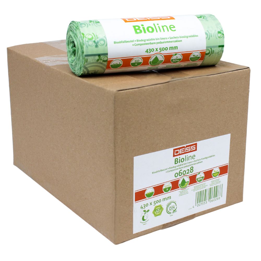 Een karton met de opdruk "EMIL DEISS KG (GmbH + Co.)" en een rol groene, 100% composteerbare bioplastic zakken erop. De zakken zijn aangeduid met "430 x 500 mm", wat hun afmetingen weerspiegelt. Beide artikelen worden op een eenvoudige witte achtergrond gepresenteerd.