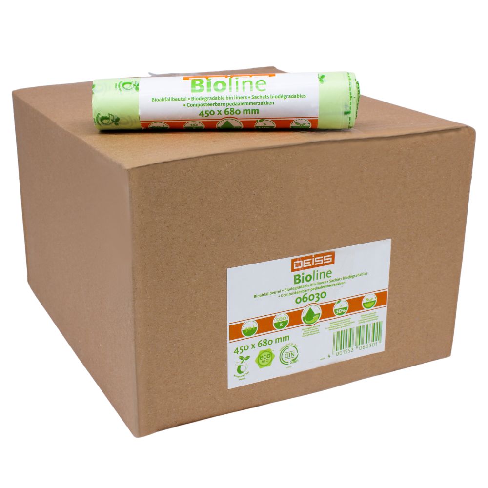 Ein großer brauner Karton mit der Aufschrift „EMIL DEISS KG (GmbH + Co.)“ und einer Rolle DEISS Biomüllbeutel 30 Liter, 06030 darauf. Die Rolle hat die Maße 450 x 680 mm und ist mit Symbolen versehen, die darauf hinweisen, dass der Beutel kompostierbar und biologisch abbaubar ist.