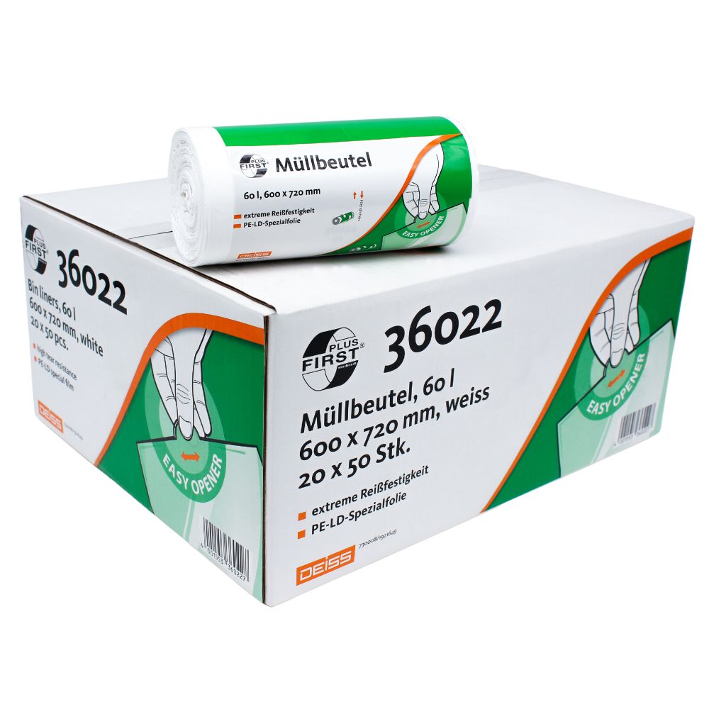Afgebeeld is de DEISS First Plus® vuilniszak 60 liter, Premium-LDPE, model 36022 van EMIL DEISS KG (GmbH + Co.). De robuuste doos van Premium-LDPE is voorzien van productinformatie en afbeeldingen en heeft een rol zakken erop. Het ontwerp met de kenmerken „Easy Opener“ en „Extreme Scheurvastheid“ zorgt voor comfort en betrouwbaarheid in dagelijks gebruik.