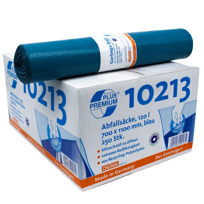 In een karton met het opschrift „DEISS Premium Plus® Typ-60 afvalzakken 10213“ en Duitse specificatie bevinden zich klimaatneutrale blauwe afvalzakken van gerecycled materiaal. Bovenaan is een rol van de zakken afgebeeld. De zakken hebben een inhoud van 120 liter, in de karton zitten 250 stuks. Gemaakt door EMIL DEISS KG (GmbH + Co.) in Duitsland.
