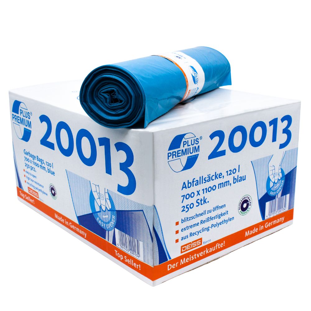 In een witte doos met het opschrift '20013' bevinden zich blauwe DEISS Premium Plus® Type 60 vuilniszakken van EMIL DEISS KG (GmbH + Co.). Een zak is uitgerold en bovenop gelegd. De Duitse tekst beschrijft de klimaatneutrale afvalzakken met een inhoud van 120 liter, de afmetingen 700 x 1100 mm en een inhoud van 250 zakken. Op de doos staat ook vermeld dat het product 'Made in Germany' is.
