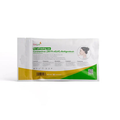 De Hotgen Sars-CoV-2 Antigen Laien Schnelltest CE0123, een betrouwbare zelftest voor de detectie van SARS-CoV-2, kenmerkt zich door een opvallende groen-gele branding. De verpakking bevat aan de voorkant een afbeelding met instructies voor de neusswab en is meertalig ontworpen om eenvoudig gebruik te garanderen.