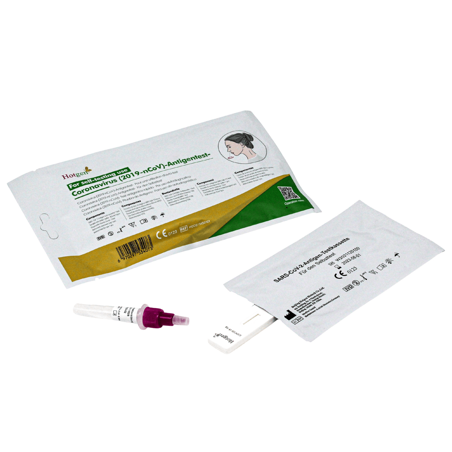 Het Hotgen Sars-CoV-2 Antigen Laien Schnelltest CE0123-kit van het merk Hotgen bevat één test per verpakking, een verzegelde teststrip, een klein flesje met een paarse dop en een gebruiksaanwijzingsblad met groene en gele accenten.