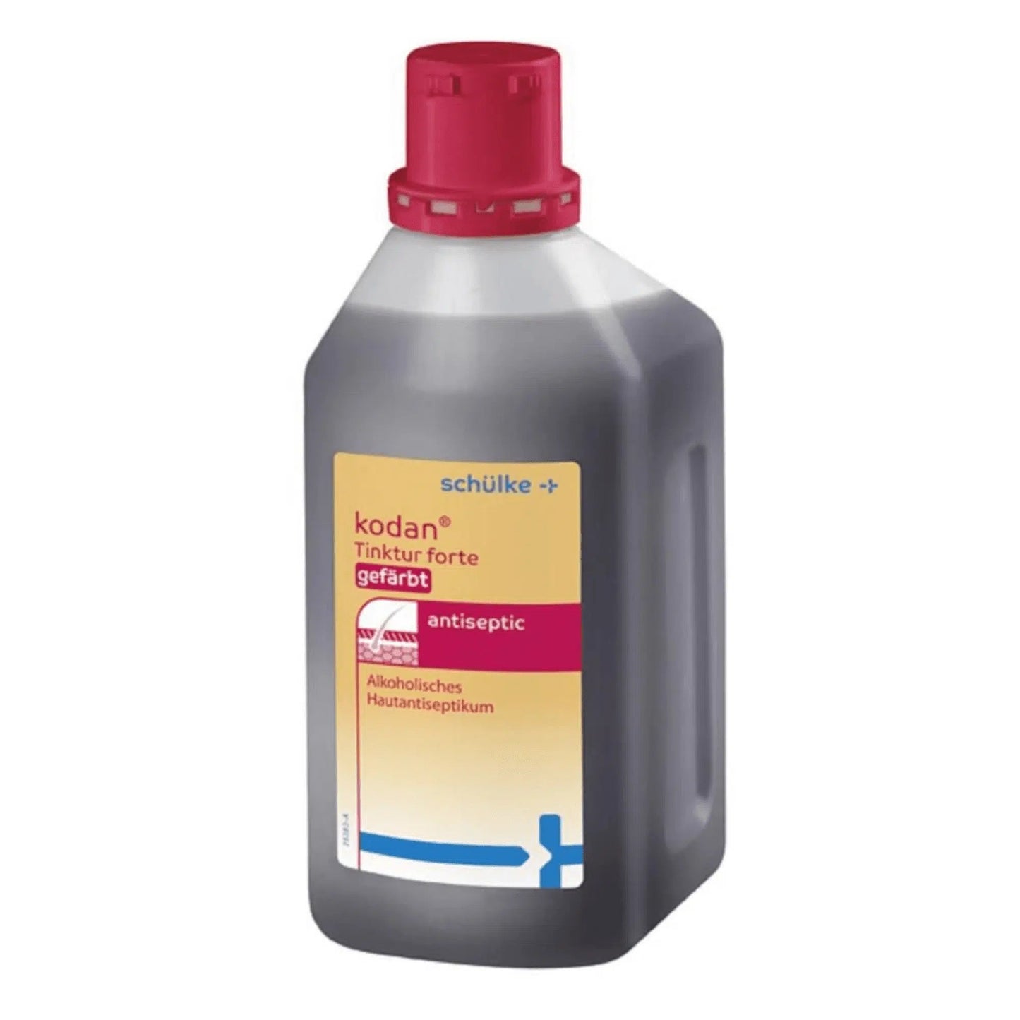 Een plastic fles Schülke kodan® Tinktur forte huidantisepticum gekleurd door de Schülke & Mayr GmbH met rode sluiting, gemarkeerd als huidantiseptisch middel met alcoholische eigenschappen.