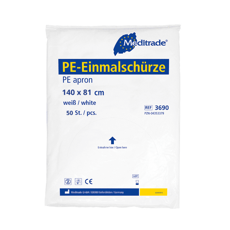 Een verpakte Meditrade PE wegwerpschort in wit, gelabeld met de afmetingen '140 x 81 cm', productinformatie en het bedrijfslogo, dat aangeeft dat het Meditrade PE wegwerpschort (wit) - 100 stuks van Meditrade GmbH bevat.