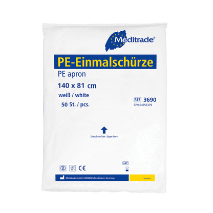 Een verpakte Meditrade PE wegwerpschort in wit, gelabeld met de afmetingen '140 x 81 cm', productinformatie en het bedrijfslogo, dat aangeeft dat het Meditrade PE wegwerpschort (wit) - 100 stuks van Meditrade GmbH bevat.